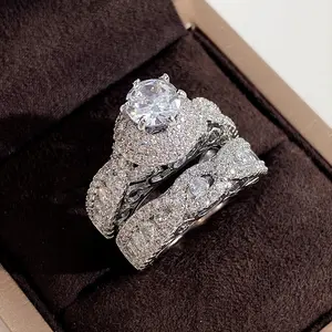 2pcs Luxury Women Engagement Ring Shiny Round Micro Pave Zirconia Ring Bridal Romantic Wedding Ring Exquisite Full Zirconia Engagement Jewelry Gift