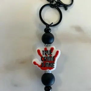 True Crime Junkie Keychain with Black Beads, Red Text Design, Keyring Attachment