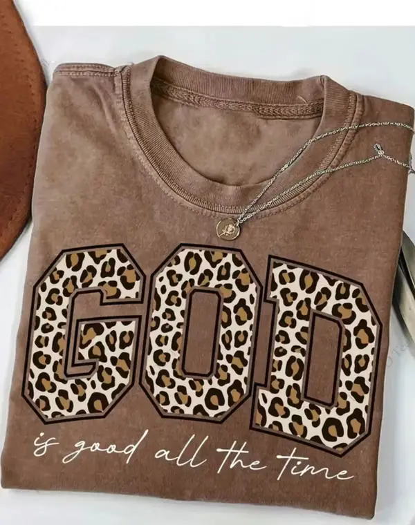 Leopard Print God Is Good All The Time Vintage Washed Brown Women's Short Sleeve Faith T-Shirt/Christian Religious Gift T-Shirt, Retro Varsity Leopard God Is Good All The Time Oversized Washed Casual Top