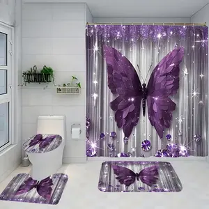 1/4 piece Purple Butterfly Bathroom Set, including soft floor mats, toilet seat cushions, shower curtains, to create elegant decoration and home decor. The floor mats rebound well, absorb water, prevent slipping, and are the first choice for gift giving