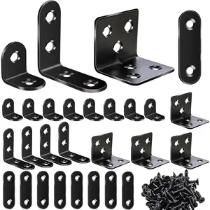 96PCS L Brackets for Shelves & Flat Plate Straight Bracket, Black Stainless Steel L Shape Heavy Duty Metal Corner Brace for Wood Furniture Cabinet Chair (0.78,1.2,1.57,1.97inch)