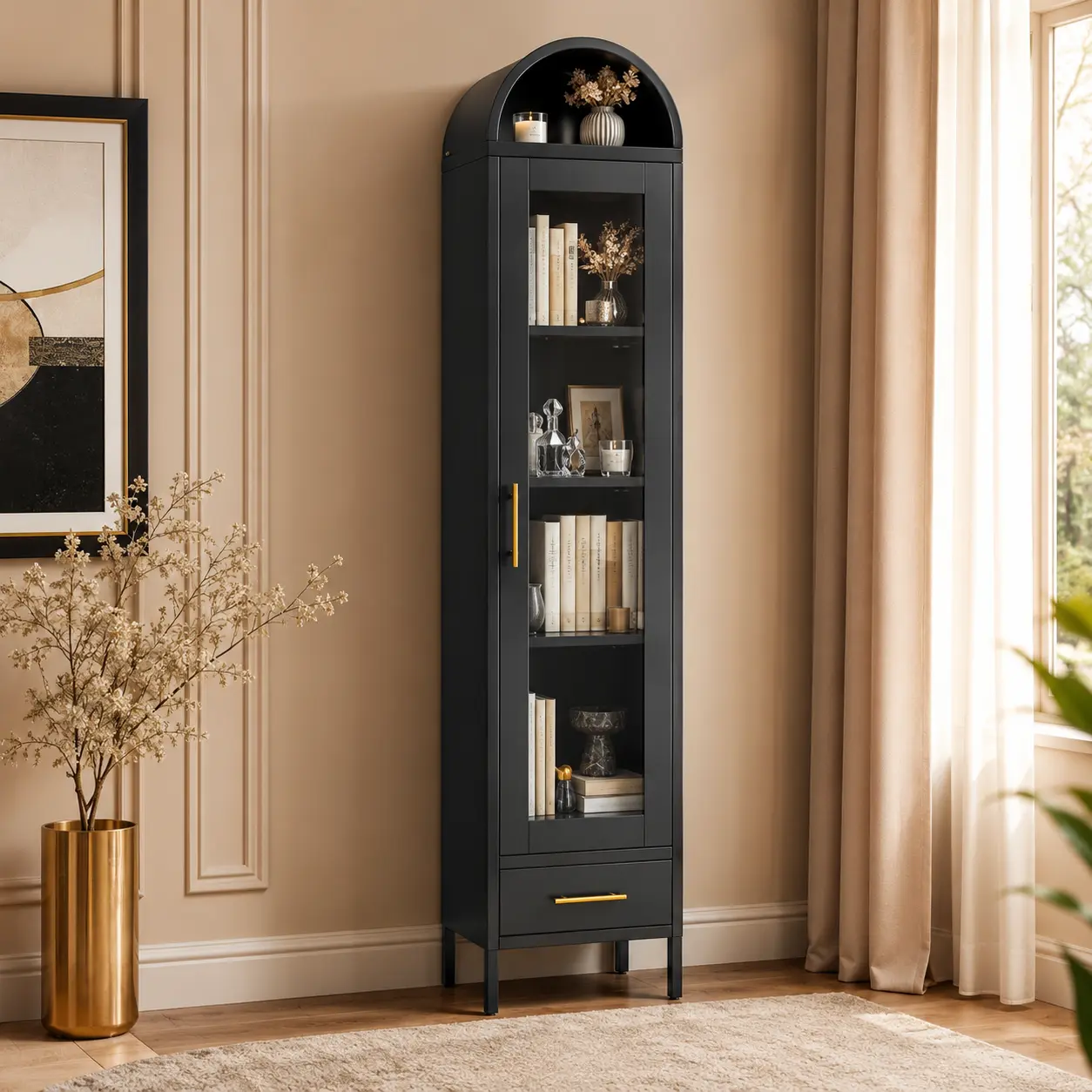 72.64" Tall Arched Display Cabinet with Glass Door, Black Metal Storage Cabinet with Drawer, Slim Curio Bookshelf with Shelves, Modern Accent Cabinet for Living Room, Bedroom, Home Office, Reading Corner, Kitchen, Dining Room Decor