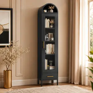 72.64" Tall Arched Display Cabinet with Glass Door, Black Metal Storage Cabinet with Drawer, Slim Curio Bookshelf with Shelves, Modern Accent Cabinet for Living Room, Bedroom, Home Office, Reading Corner, Kitchen, Dining Room Decor