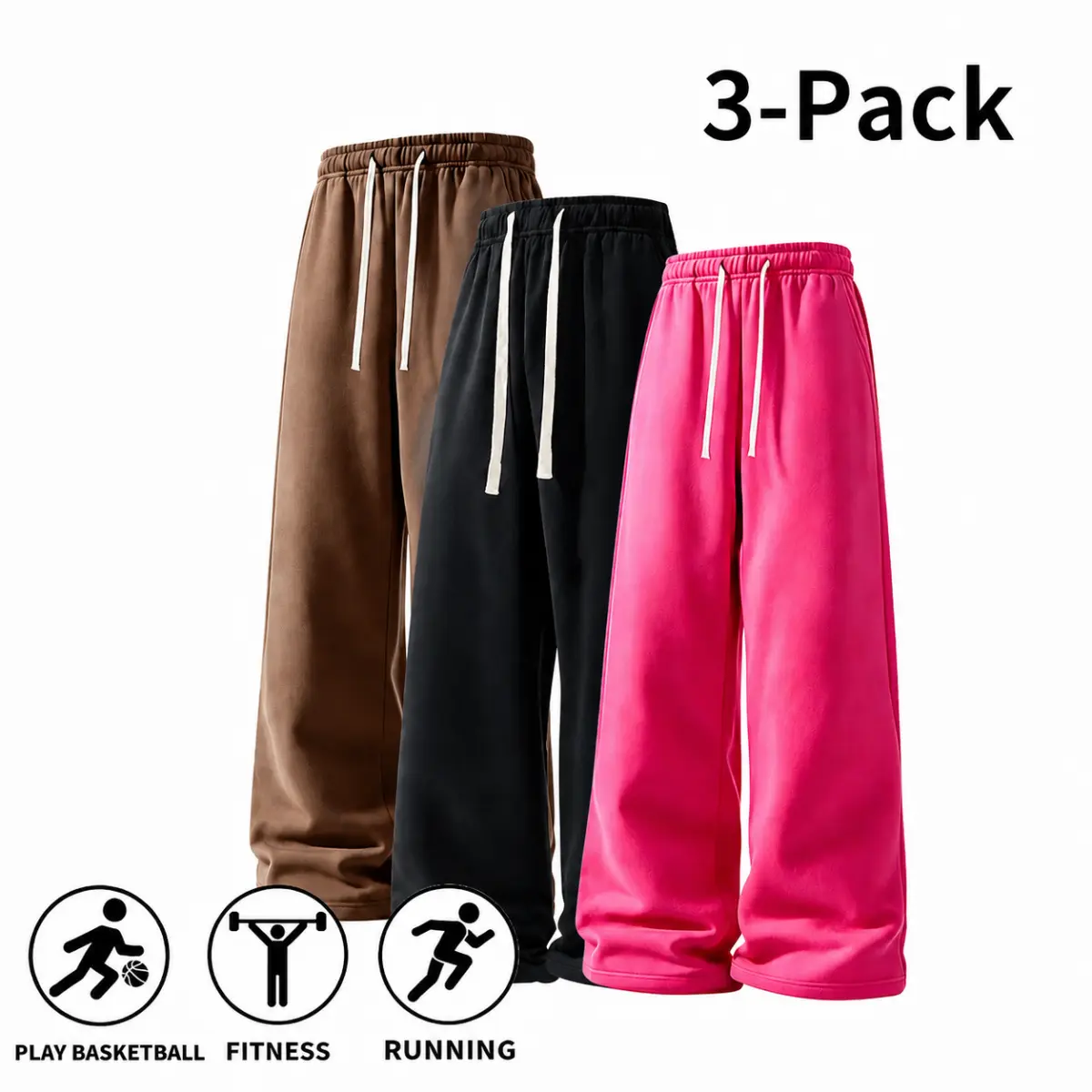 3-Pack Men's Straight-Leg Sweatpants, Drawstring Loose Casual Pants with Pockets for Running, Basketball, and Everyday Wear