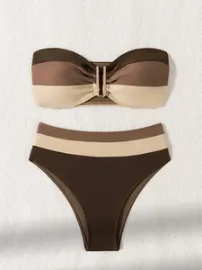 Neutral Color Block Bandeau Bikini Set - Metal Detail Top + High Waisted Bottom