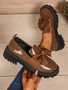 Women's Fashion PU Leather Butterfly Decorated Loafers, Casual Slip-On Shoes with Large Bowknot, Comfortable All Season Footwear for Daily Wear