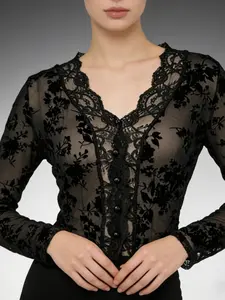 2026 Fashion Floral Mesh Top, Dark Sexy Aesthetic, Spring & Fall Y2K Style, Geometric Pattern, Fitted Design, Women's Clothing