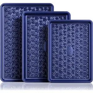 Nonstick Baking Sheet Pan Set of 3, Cookie Sheets for Oven, Non-Toxic Half/Quarter/Jelly Roll Pans with Floral Swirl Texture, Heavy Duty 0.8mm Thick Oven Trays for Cooking, Blue