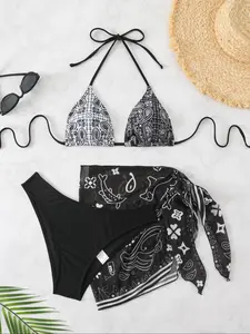 Women's Paisley Print Bikini Three-Piece Set, Casual Fashion Chic Swimsuit Set, Ladies Swimwear for Beach Holiday Vacation