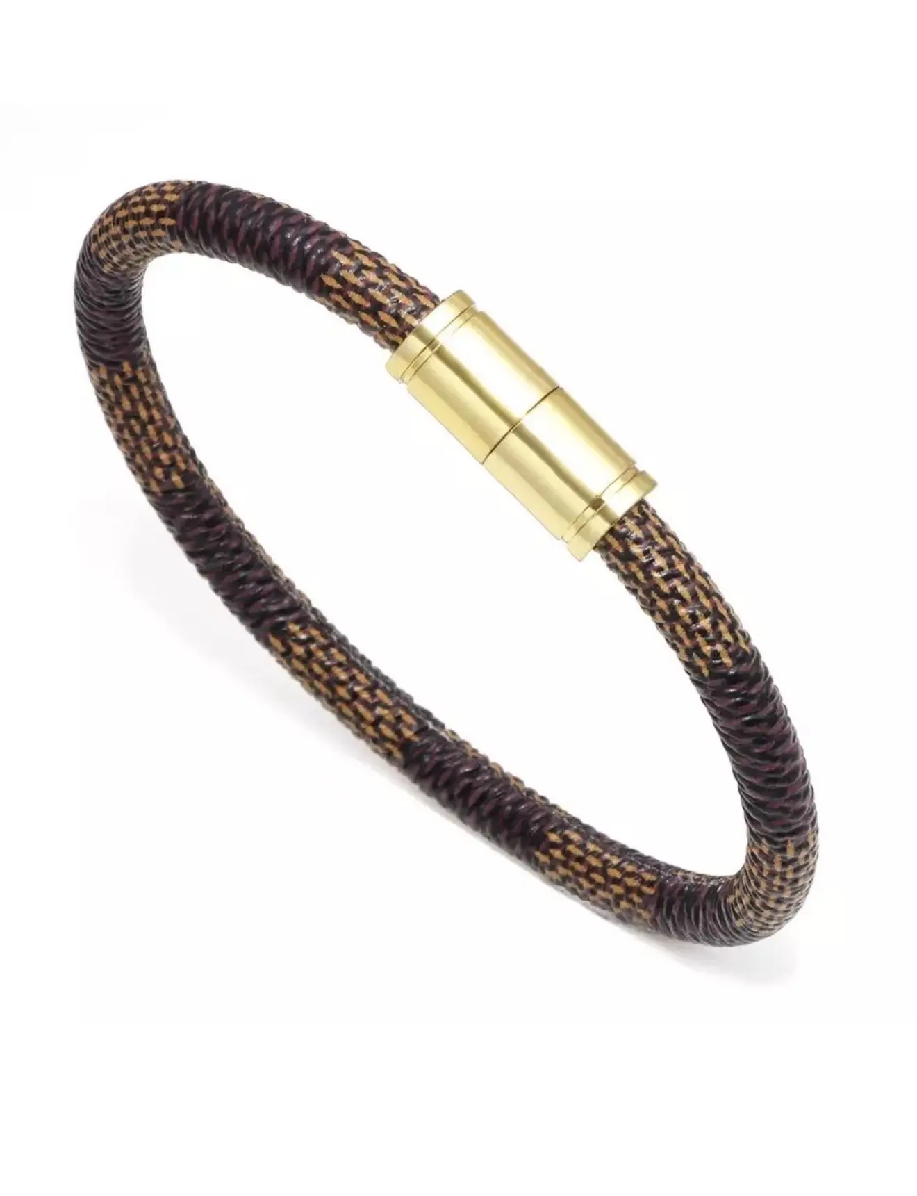 Brown Gold Woven Checkered PU Leather Bracelet with Magnetic Lock Functional Highlight