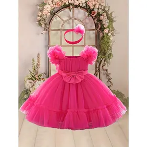 Solid color mesh dress, adorned with a bow, suitable for baby girls, comes with a cute and elegant headpiece, perfect for birthday parties and evening events