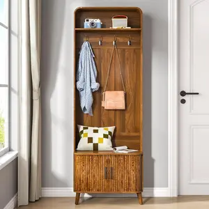 Entryway 66.9" Hall Tree with Shoes Bench and Storage, Storage Bench with Coat Rack，Arch Coat Rack with 4 Hooks and 2 Fluted Doors，Multi-Purpose Home Organizer (Walnut)