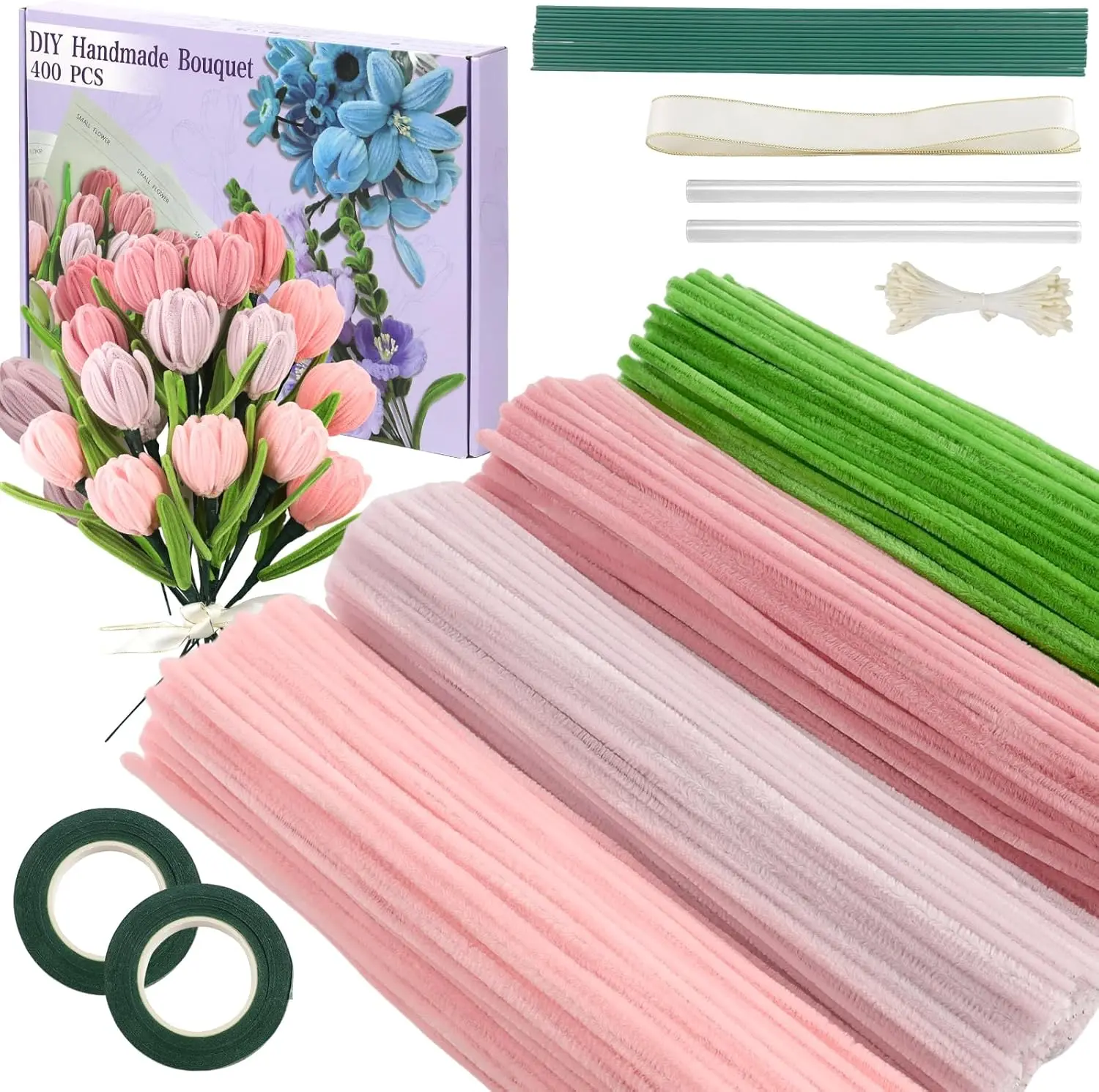 500-Piece Pink DIY Crafts Chenille Stem Craft Kit - 6 Colors Bendable Wire, Flower Stems, Floral Tape, Stamen, Ribbon, Wrapping Paper Bulk Supply Boxed Set for Home Decor Floral Arrangements Artificial Displays, Soft Fibers