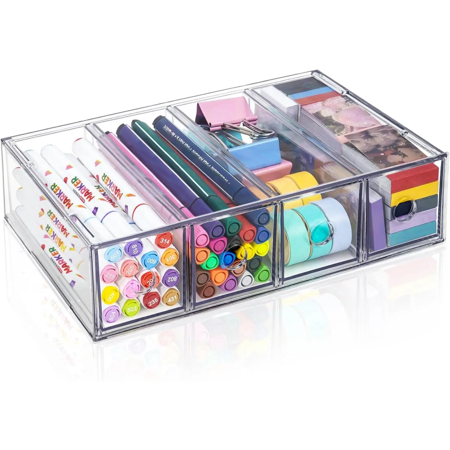 Desk Organizer with 4 Drawers,Stackable Desktop Storage Box with Removable Drawer, Clear Sunglasses Organizer Display Case for Stationery Marker Pens Eyeglasses Office Supply