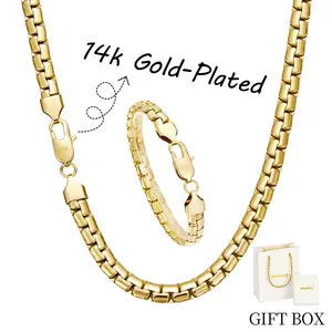 14K Gold Plated Thick Box Chain Necklace Bracelet Set - Premium Quality, Durable Lobster Clasp, Trendy Hip Hop Jewelry for Daily & Party Wear streetwear statement