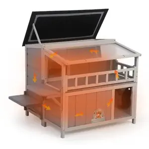 Coziwow 36''L Warm Cat House with Balcony, 2-Tier Insulated Wood Shelter, Weatherproof, Openable, Sunlight Roof, Jumping Platforms, Kitty Pet Porch Enclosure, Gray