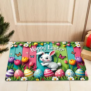Easter Bunny & Spring Egg Hunt Flannel Door Mat - Non-Slip Machine Washable Soft Suitable for / Entryway, Room - Spring Flowers & Bunnies Print, Easter Gift