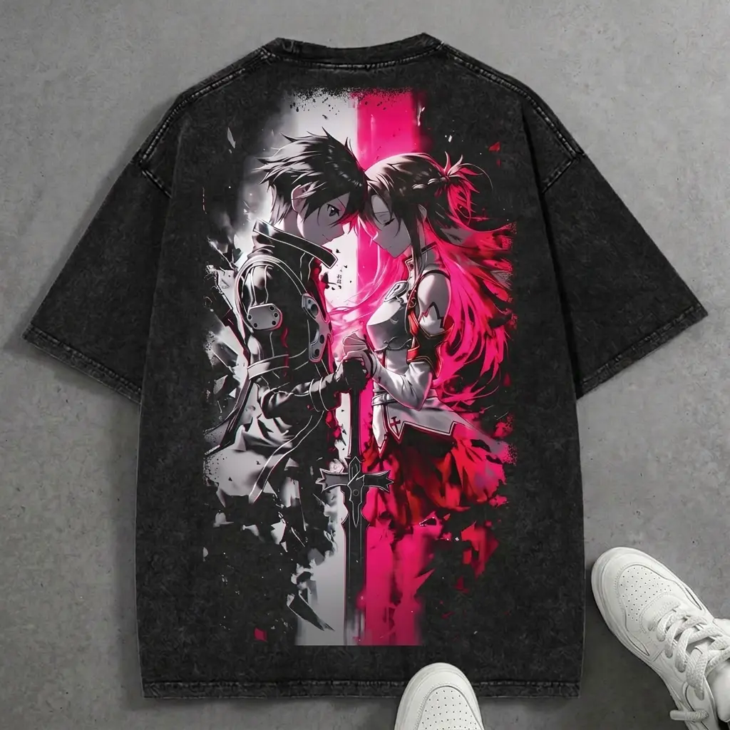 Kirito x Asuna Loving Sword Art Online SAO Japanese Anime Y2K Oversized Acid Washed T-Shirt – Double Print Vintage Graphic Tee, Unisex Streetwear Manga Otaku Lover