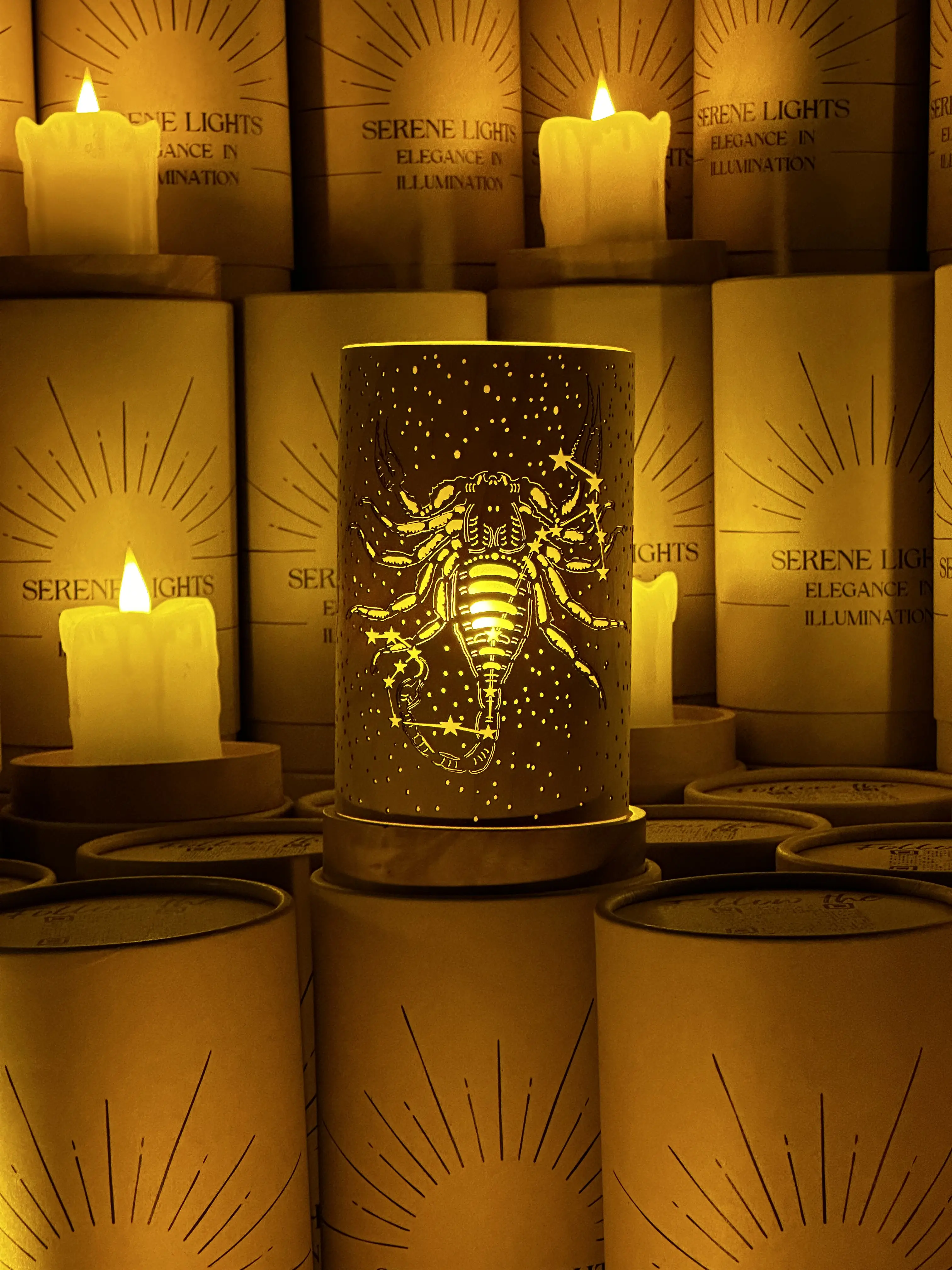 Serene Lights Texas-Stylish Scorpio Zodiac Sign Flameless Glass Novelty Light - 1 Swappable Design, Battery-Powered (Included), Dimmable, Adjustable, 18-Hour Runtime, Automatic Shut-Off, Convenient Features - Home Decor Accent Housewarming Gift, Batteries