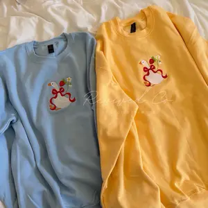 Strawberry Goose Embroidered Spring Sweatshirt Flowers Floral Crewneck Pastel Lightweight Goose