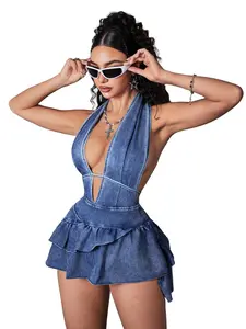 Y2K Sexy Backless Deep V Cutout Denim Ruffled Mini Dress, Fashionable Solid Color Design, Perfect for Trendy