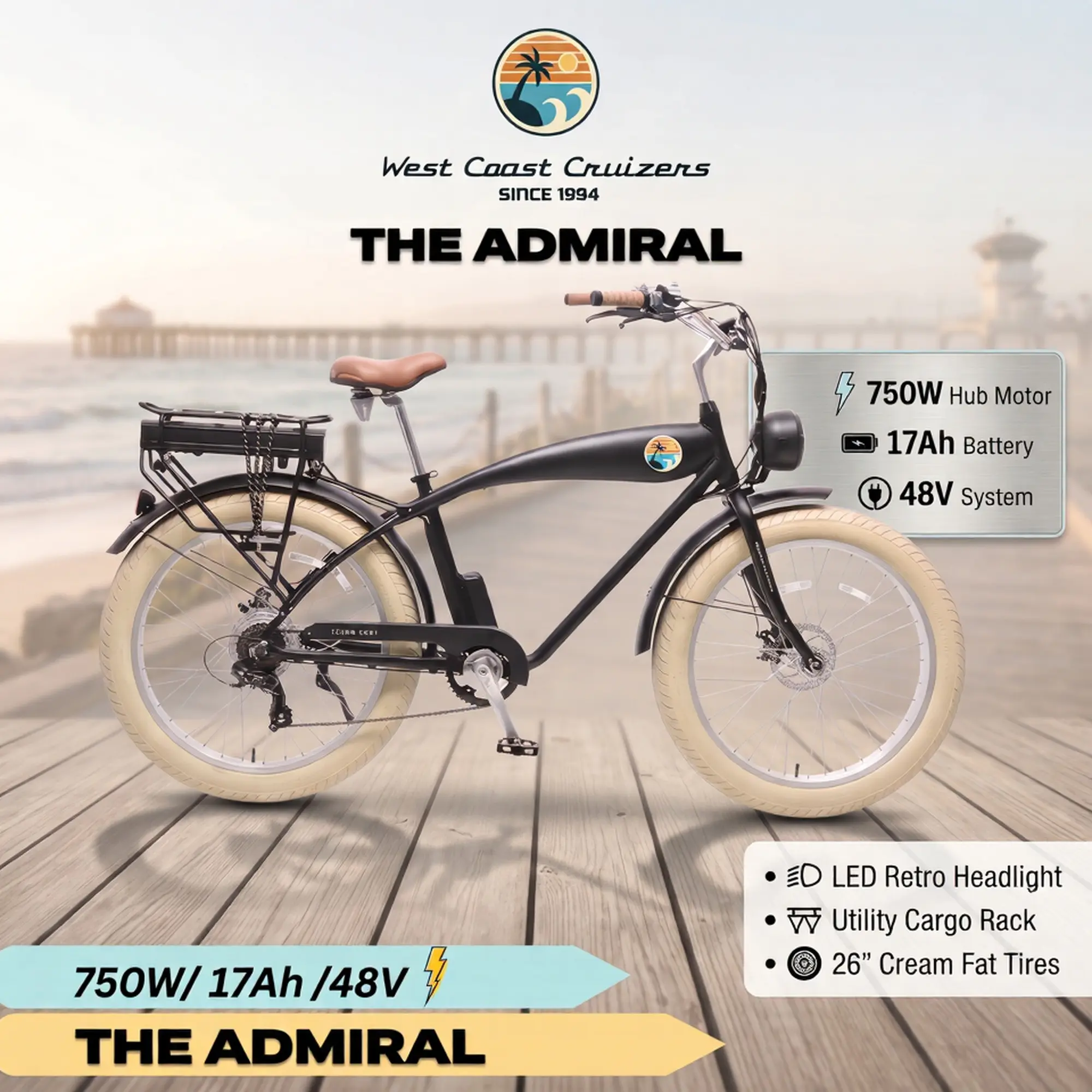 West Coast Cruizers Electric Beach Cruiser 26" 750W/1200W Peak/48V/ 17Ah - The Admiral - Matte Black