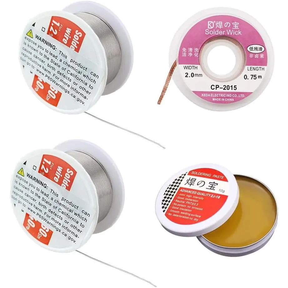 3-Pieces Soldering Tool Kit with Copper Wire Striping - 2 Pack 0.6mm No-Clean Core Solder Wire (1.76oz/50g), 0.35oz/10g Rosin Flux Paste, for Repair, DIY Projects