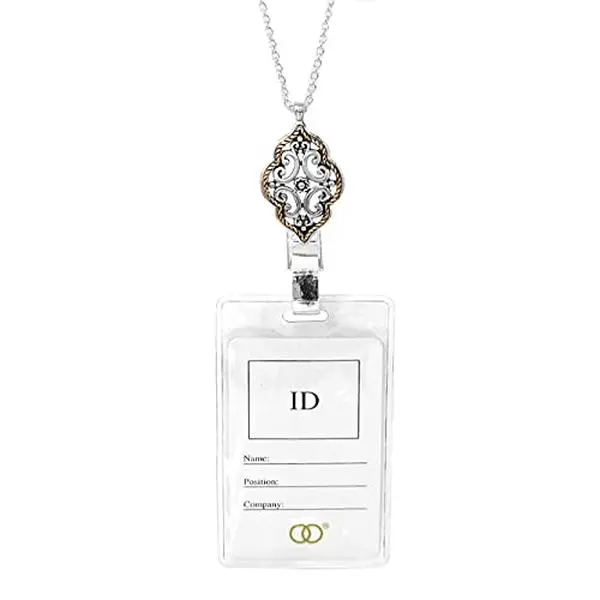 Two Tone Decorative Scroll Employee Badge ID Holder Lanyard Necklace, 30"+3"