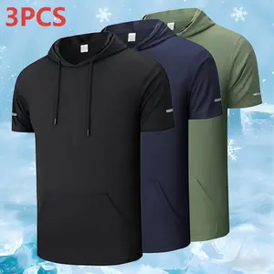 Men’s 3-Pack Colorblock Hooded Quick-Dry Breathable Casual Versatile Short-Sleeve T-Shirts — Streetwear Style for Daily Commuting, Fitness, Running, and Sports Training