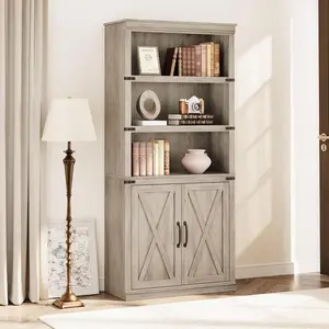 31.5" w Farmhouse Bookshelf - 5-Tier Storage Cabinet with Doors for Living Room/Office/Bedroom (Grey Wood Finish)