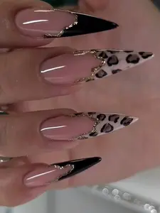 24Pcs French Leopard Print Press On Nails French Black Fake Nails Fall Nails Autumn Nails Stiletto Nails Art Long Fake Nails Nude Nails Nail Supplies Nails