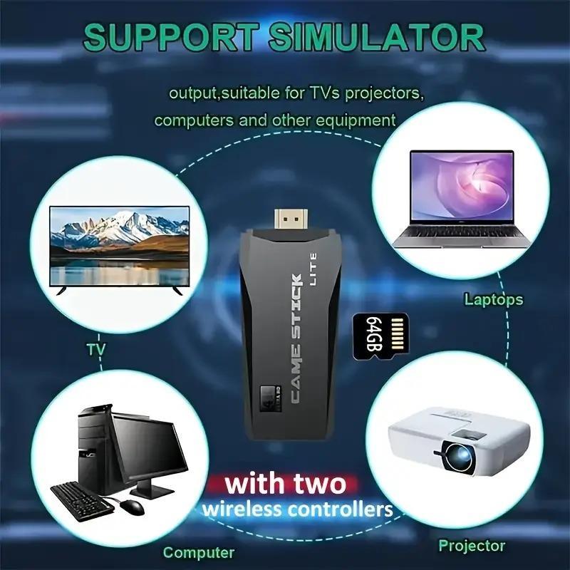 M8 Portable mini game stick, plug and play, comes with 2 wireless controllers and a 64G Micro SD card, HD TV game console