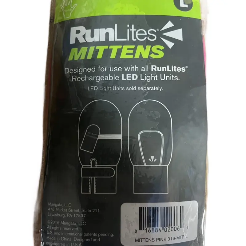 RunLites Pink Fleece LED Rechargeable Mitten Gloves Size L for Use with All RunLites Rechargeable LED Light Units