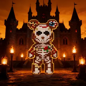 Night Castle Skull Bear Building Blocks Set, 1858pcs 3D Puzzle Decoration, Home Office Bookshelf Decor, Party Living Room Display Gift