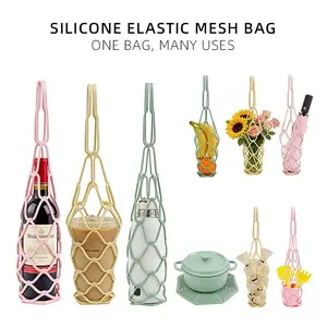 2 PCS Multi-Use Silicone Storage Bag & Organizer,Multifunctional Mesh Coaster,Silicone Wine Carrier,Reusable, Foldable, Portable Coaster for Wine Bottles, Cans, Cups, Hot Dishes,and Beverages,Handheld Bottle Mesh Coaster,Water Bottles, Fruits, Hot Dishes