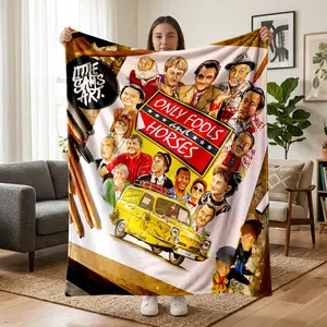 1 pc “Only Fools and Horses” classic British TV series themed flannel blanket, all-over print featuring characters from the show and iconic yellow cars, retro British comedy style. Soft, warm, and comfortable—a versatile gift blanket suitable for sofas, b