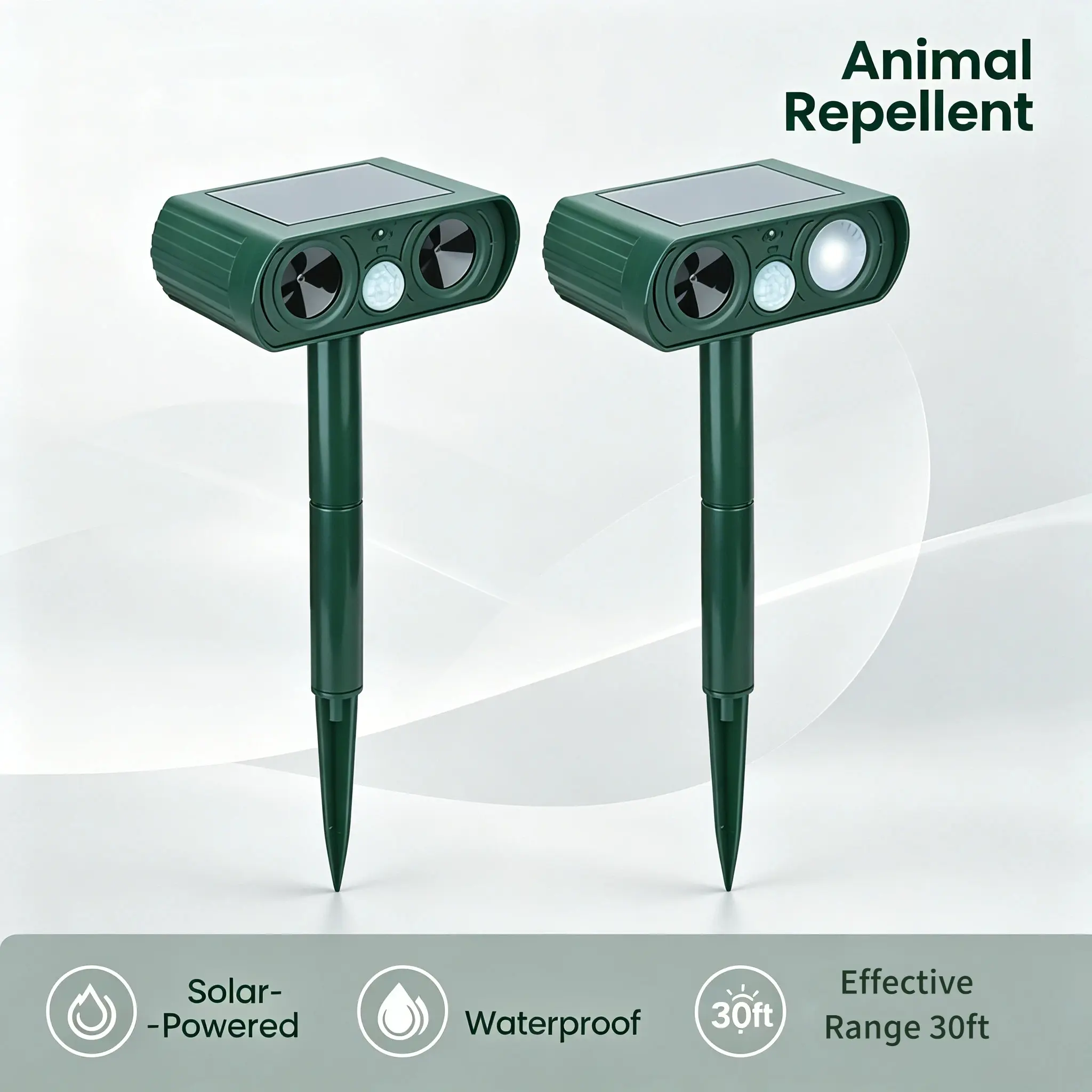 Solar Ultrasonic Humane Animal Repeller with PIR Motion Sensor, Solar Charging, 300mAh Battery, IP44 Rated Non-Toxic Eco-Friendly Waterproof Outdoor Pest Control for Raccoon
