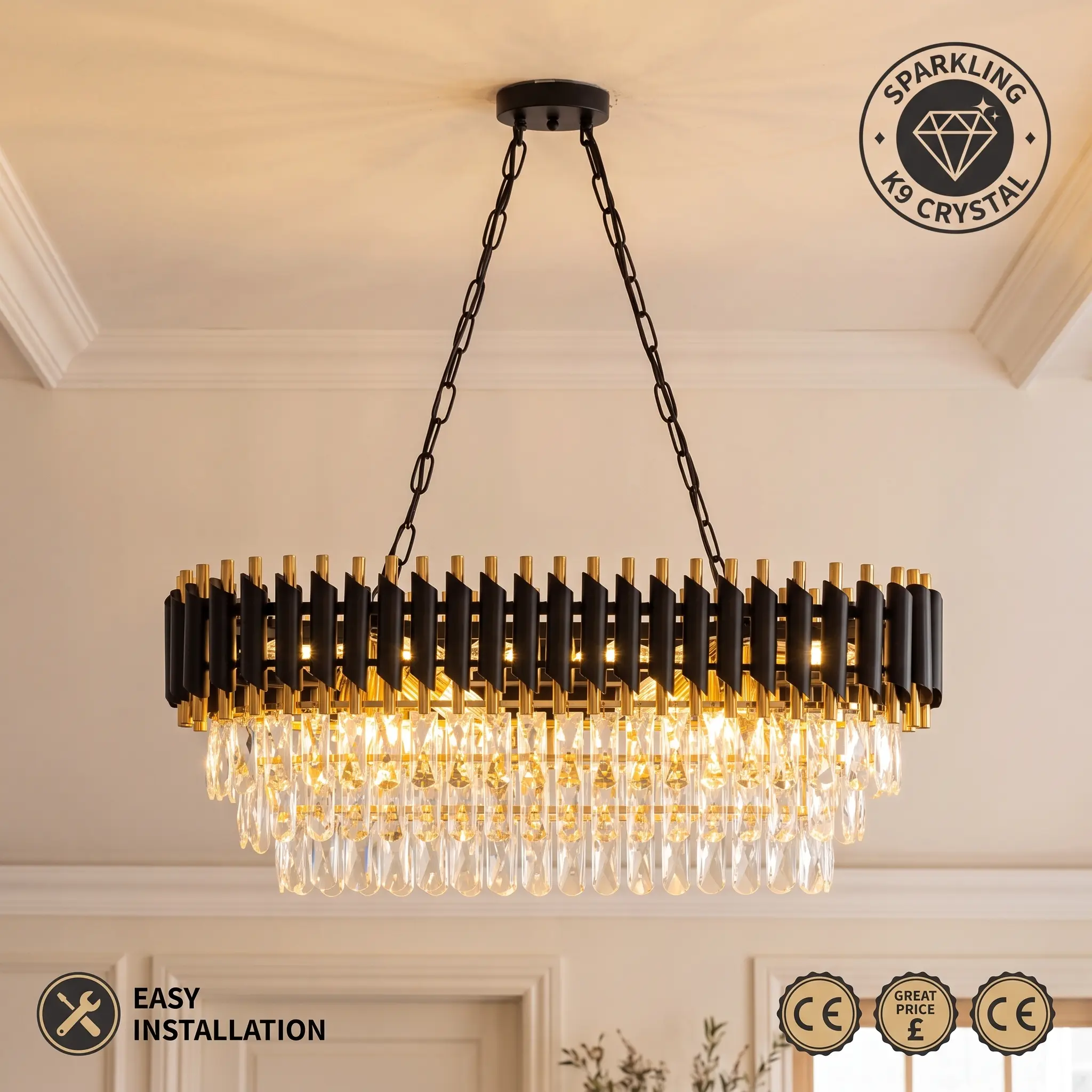 Modern Black & Gold Crystal Chandelier, 31 Inch Rectangular Linear K9 Crystal Pendant Light, Adjustable Chain E12 Socket Glam Metal Frame Ceiling Hanging Light Fixture for Kitchen Island Dining Room Living Room Foyer Entryway Hallway, Bulbs Not Included