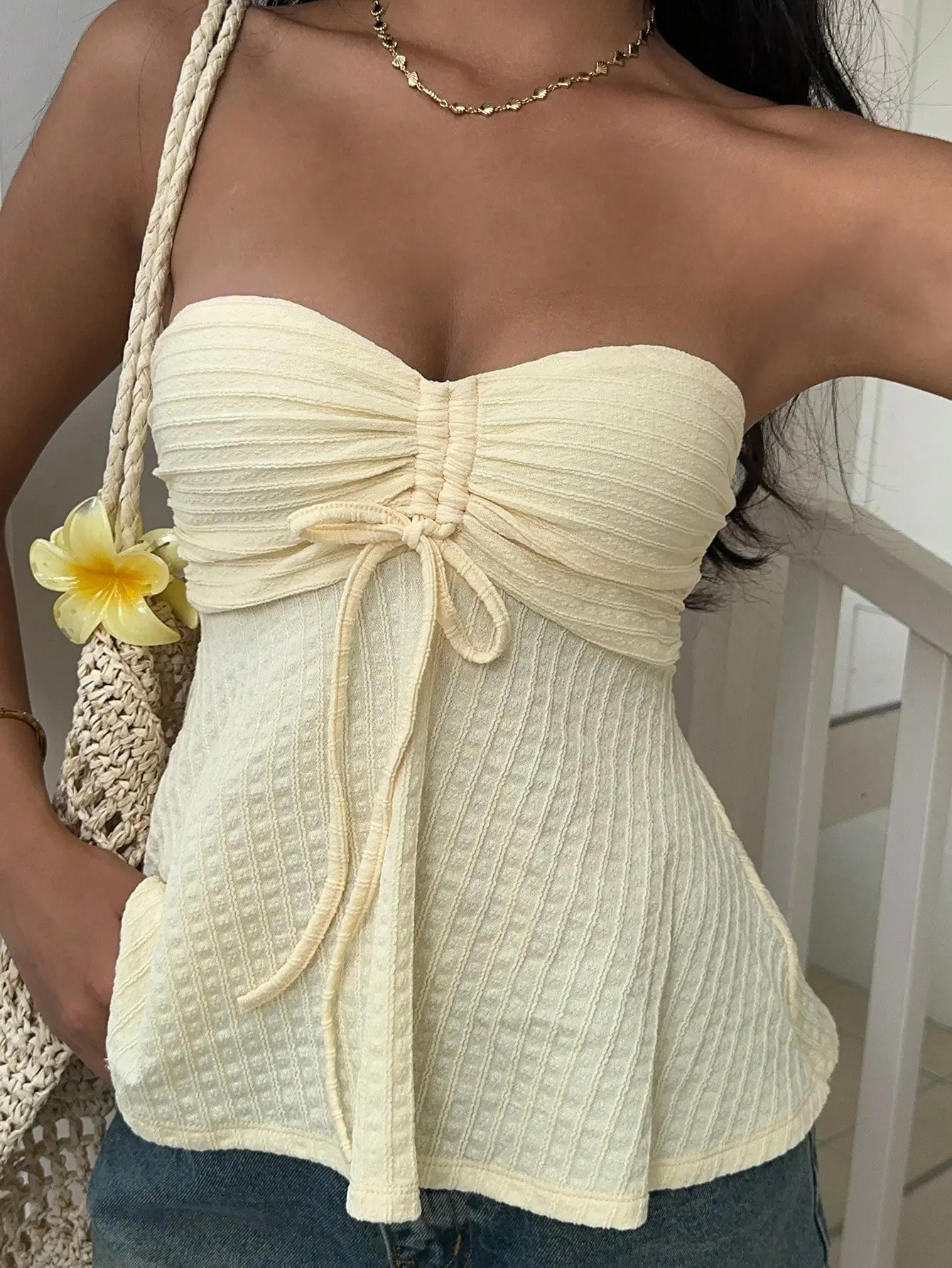 Women’s Yellow Knitted Bandeau Top - Minimalist Strapless Summer Tube Top - Chic Casual Outfit, strapless knit top women, minimalist summer top women, fitted bandeau women