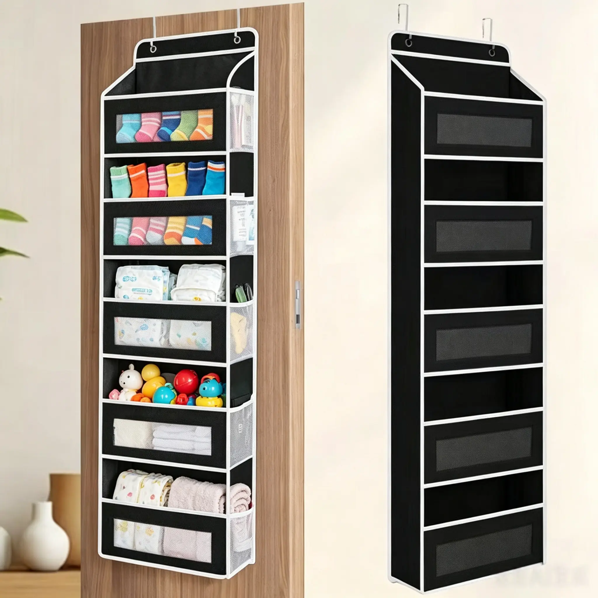 1 Pack Over The Door Organizer with 5 Large Pockets and 10 Mesh Side Pockets, 5 Layers Door Organizer Hanging with Clear Window for Bedroom, Bathroom, Pantry and Nursery, Gray