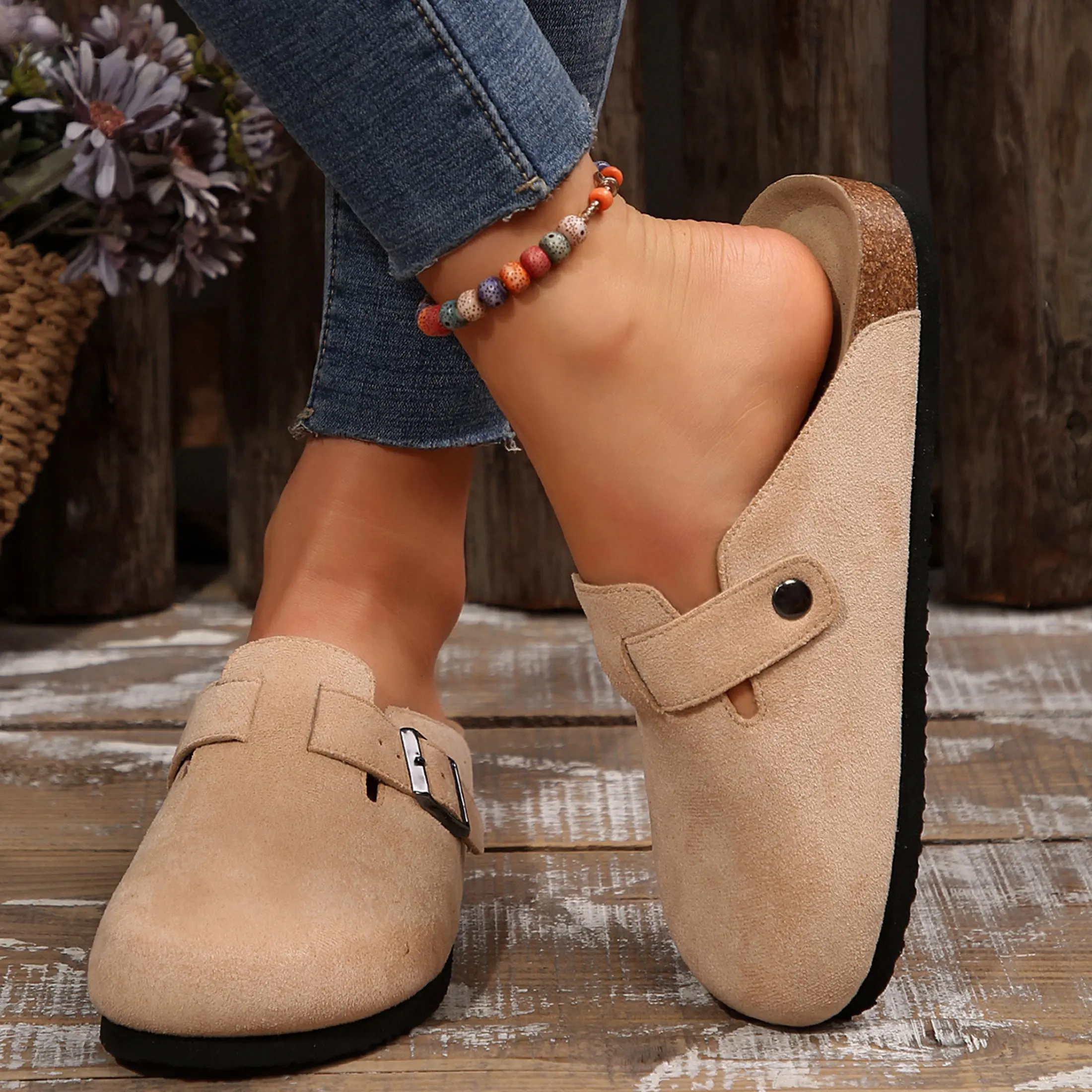 Women's Sandals Slip-on Potato Shoes Footbed Suede Cork Platform Slippers and Mules Potato Shoes
