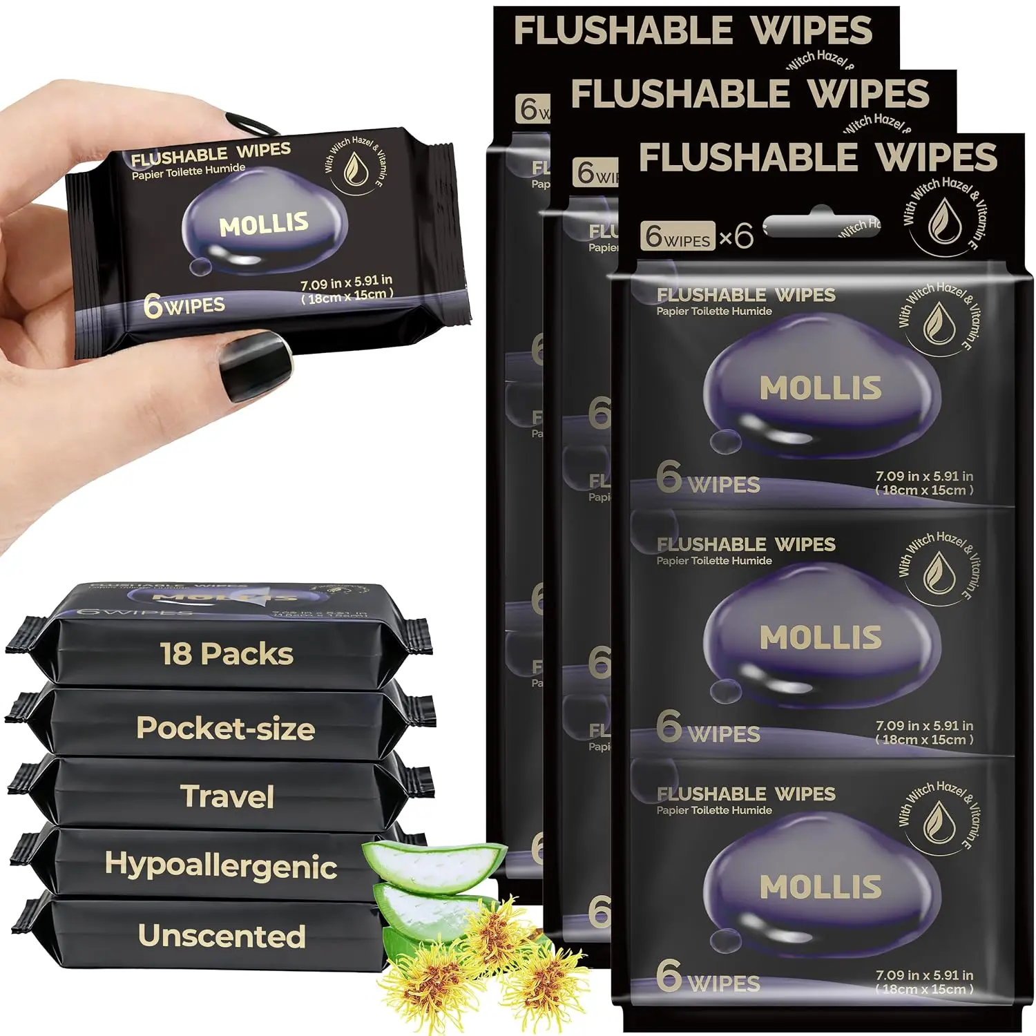 MOLLIS Flushable Toilet Wipes, Unscented, Compact and Lightweight Pack with Witch Hazel & Vitamin E, 100% Plant-Based Eco-Friendly, Hypoallergenic Alcohol-Free, Sewer & Septic Safe Home Bathroom Bedroom Daily Everyday Essential