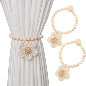 Wooden Beaded Curtain Tiebacks, Magnetic Curtain Tiebacks, 2 Pack Flower Curtain Holdbacks, Elegant Boho Bedroom Decor, Room Decor