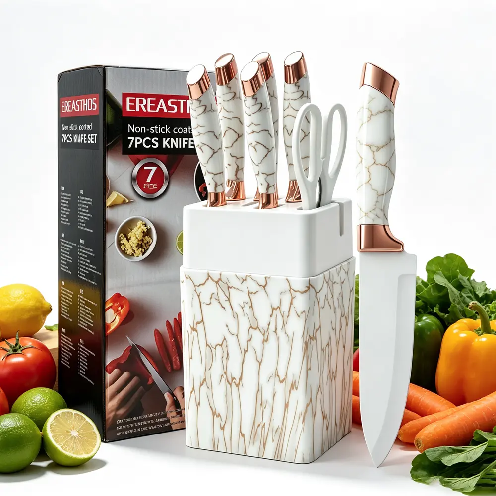 Sharp Non-Stick Kitchen Knife Block Set 7-Piece, Elegant White Marble Rose Gold Chef Knives with Shears & Built-in Sharpener Stand shop more,outdoor