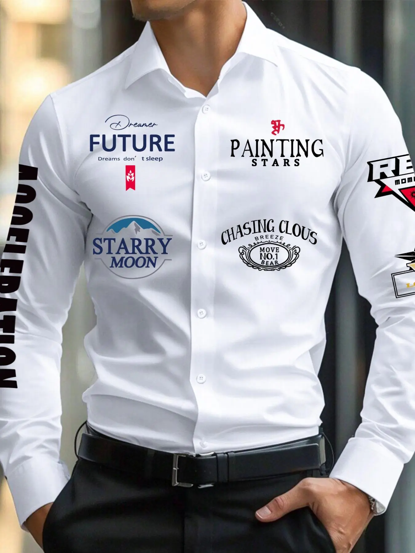 Men's Letter Print Long Sleeve Button Front Shirt, Regular Fit Business Formal Workwear Collared Top for Spring & Fall, Men's Clothes for Daily Wear, Button Down Shirts