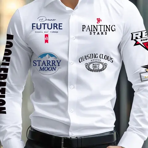 Men's Letter Print Long Sleeve Button Front Shirt, Regular Fit Business Formal Workwear Collared Top for Spring & Fall, Men's Clothes for Daily Wear, Button Down Shirts, Collared Office Shirt