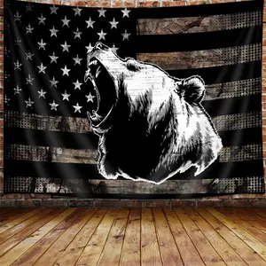Country American Flag Bear Tapestry, Rustic Hunting Camo Bass Bear Black and White Tapestry Wall Hanging for Men Bedroom, Cabin Tapestries Poster Blanket College Dorm Home Decor 60X40inches Mount