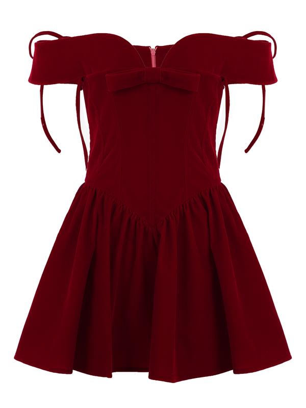 Elegant Banquet Style Solid Wine Red Off-Shoulder Bow Panel Dress. Sleeveless Cold-Shoulder Tie-Waist A-Line Mini Skirt. Perfect for Birthday Formal Occasion Puff Party Dress. Elegant Banquet Style Solid Wine Red Off-Shoulder Bow Panel Dress. Sleeveless Cold-Shoulder Tie-Waist A-Line Mini Skirt. Perfect for Birthday Formal Occasion Puff Party Dress.