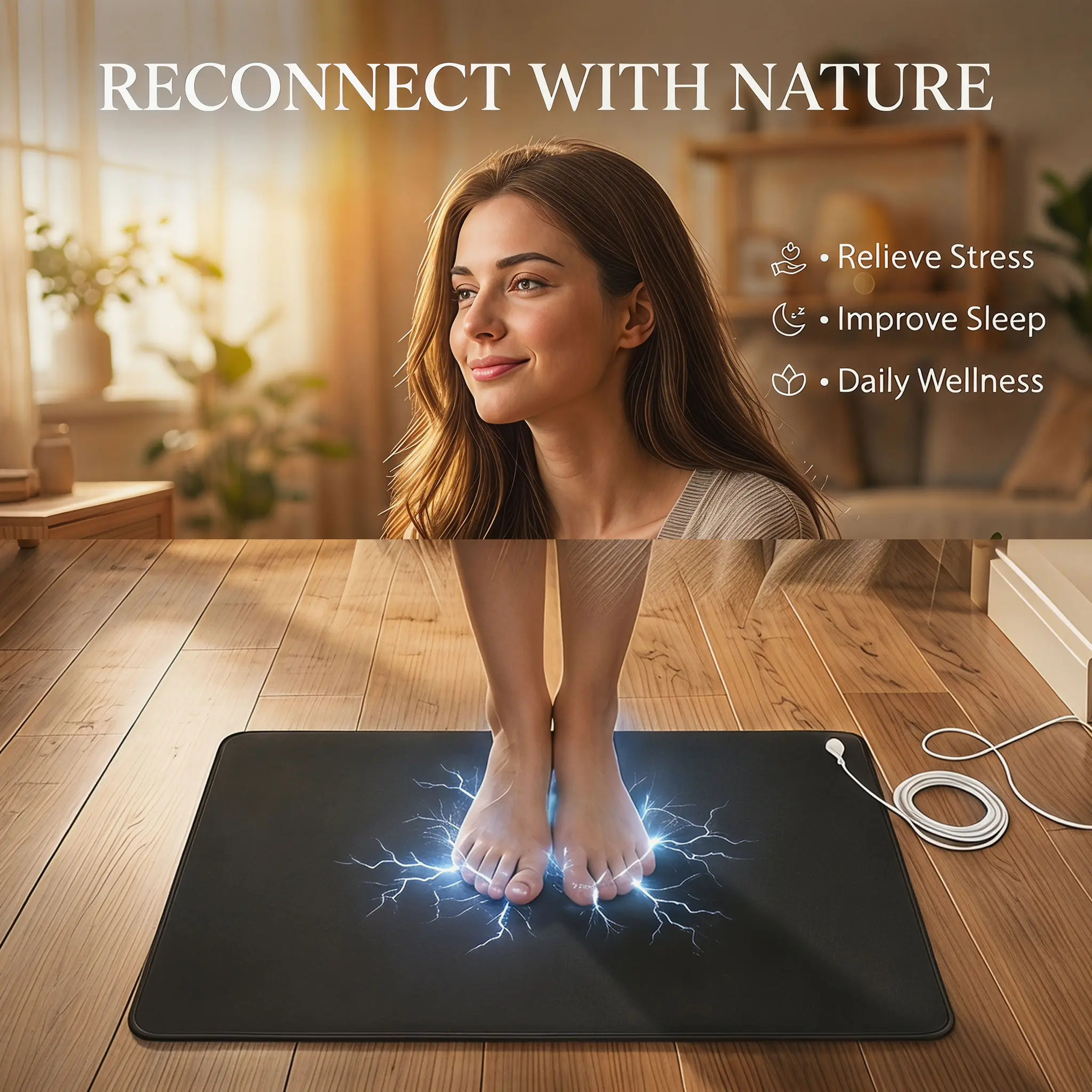 Earthing Grounding Mat 24x16 inch Conductive Therapy Pad for Sleep and Stress Relief Daily Wellness for Home Office Pilates Mat Holder Scrunchie