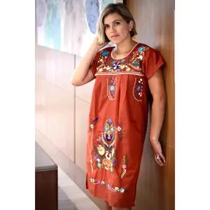 Vestido / Dark Orange (Brick color) - Embroidery: Multi-color